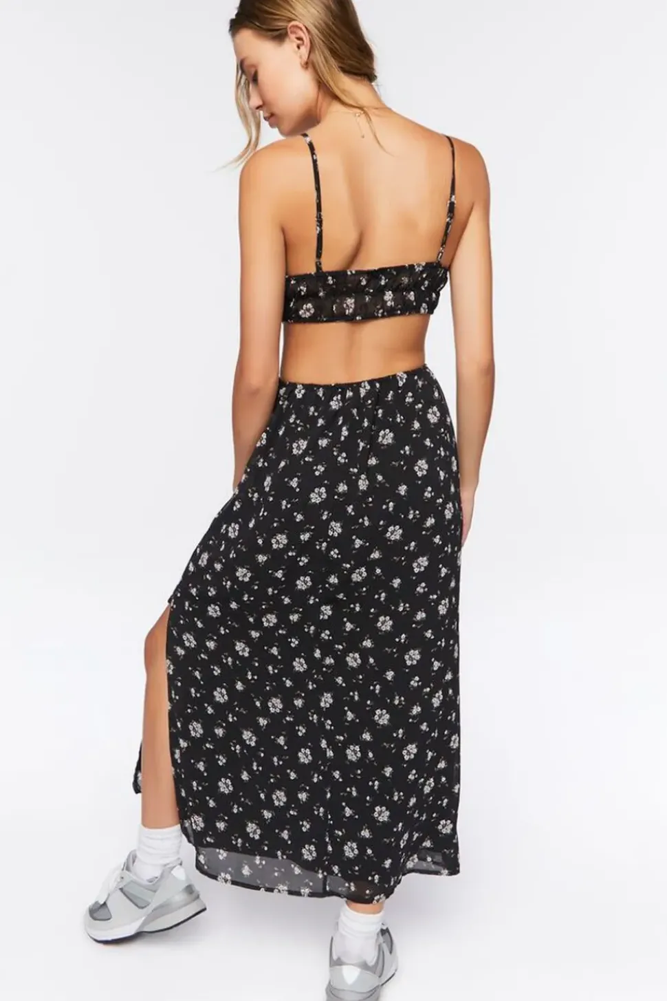 Cutout Chiffon Floral Midi Dress