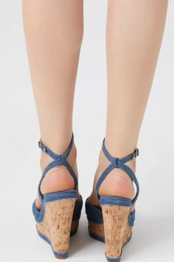 Denim & Cork Peep-Toe Wedges