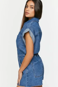 Denim Cuffed-Sleeve Romper