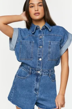 Denim Cuffed-Sleeve Romper
