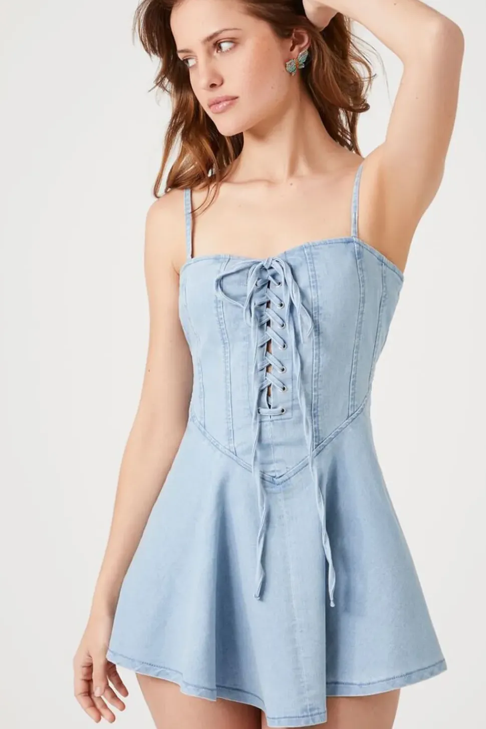 Denim Lace-Up Cami Mini Dress