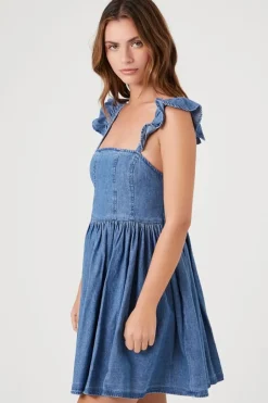 Denim Ruffle-Strap Mini Dress