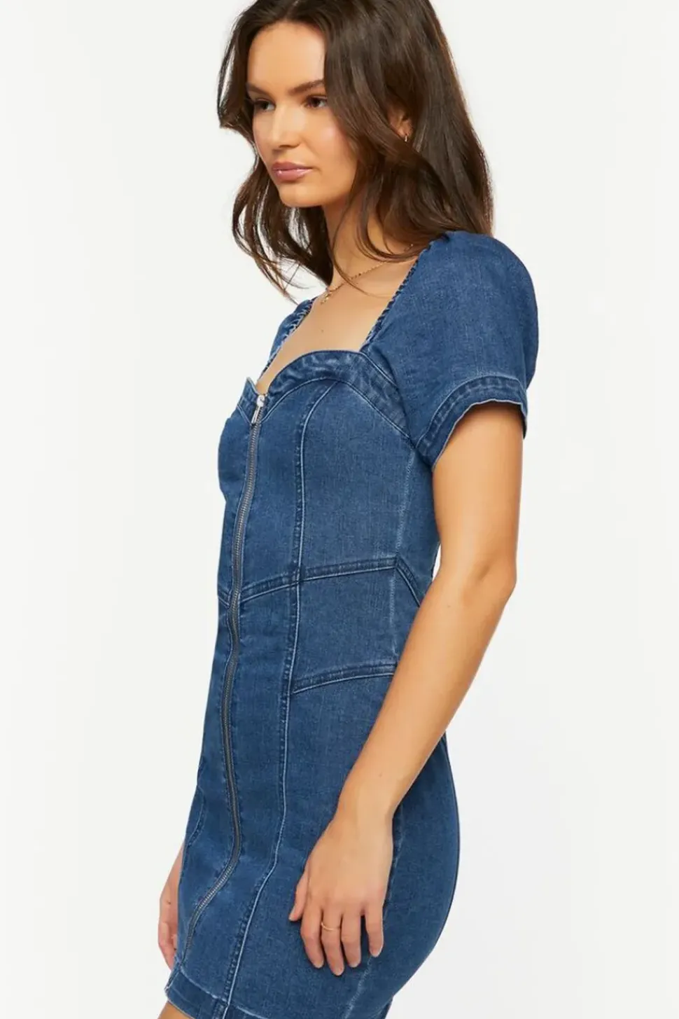 Denim Zip-Up Sweetheart Mini Dress