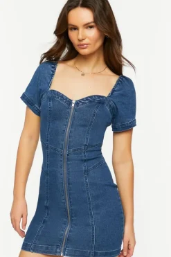 Denim Zip-Up Sweetheart Mini Dress