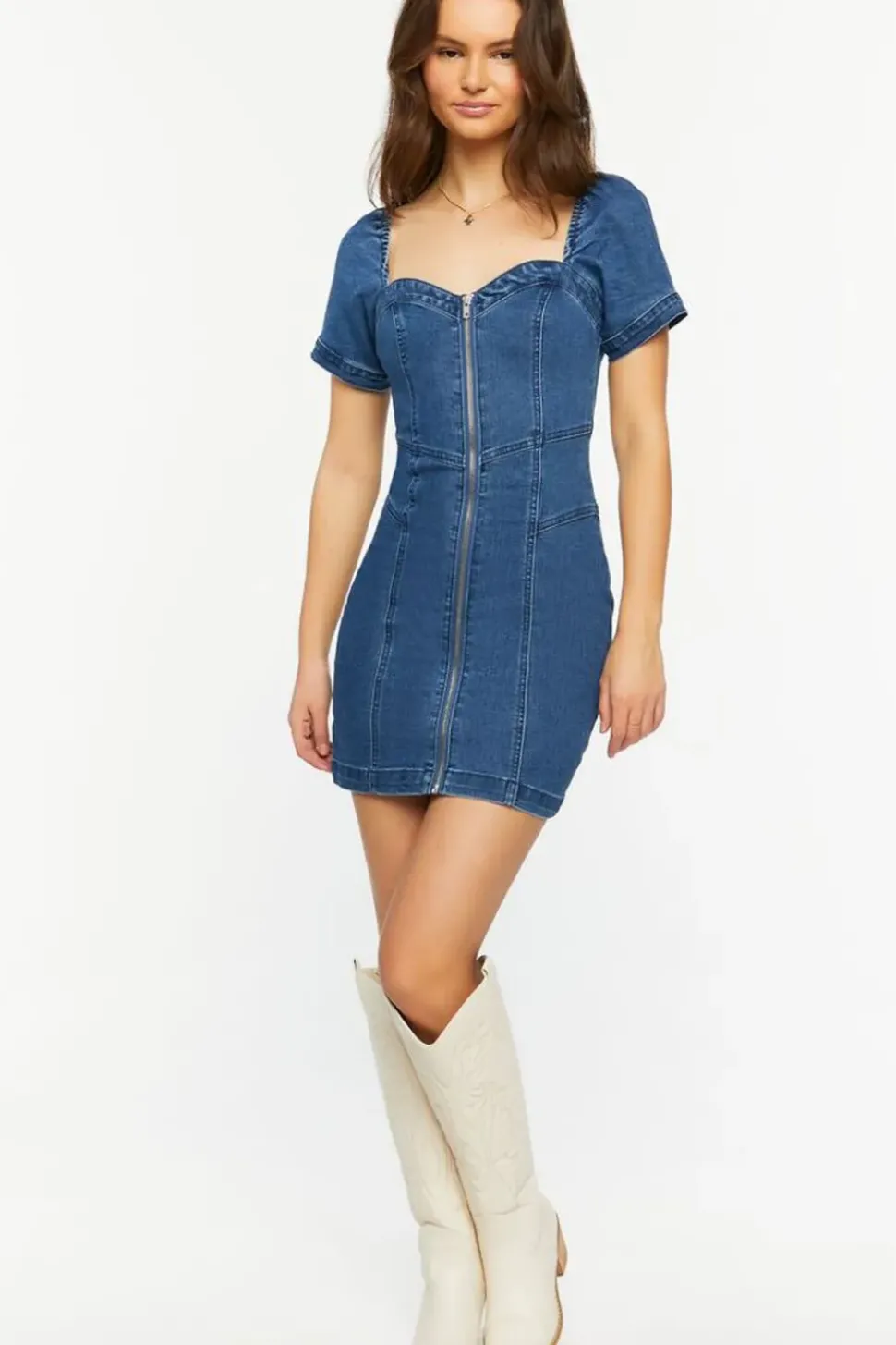 Denim Zip-Up Sweetheart Mini Dress