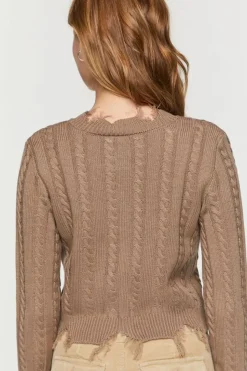 Distressed Cable Knit Cardigan Sweater