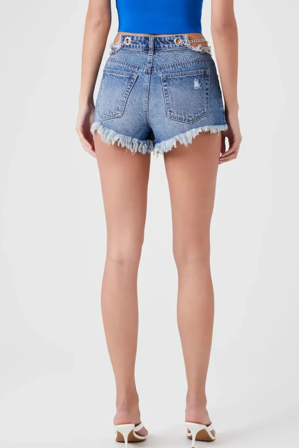 Distressed Chain-Waist Denim Shorts
