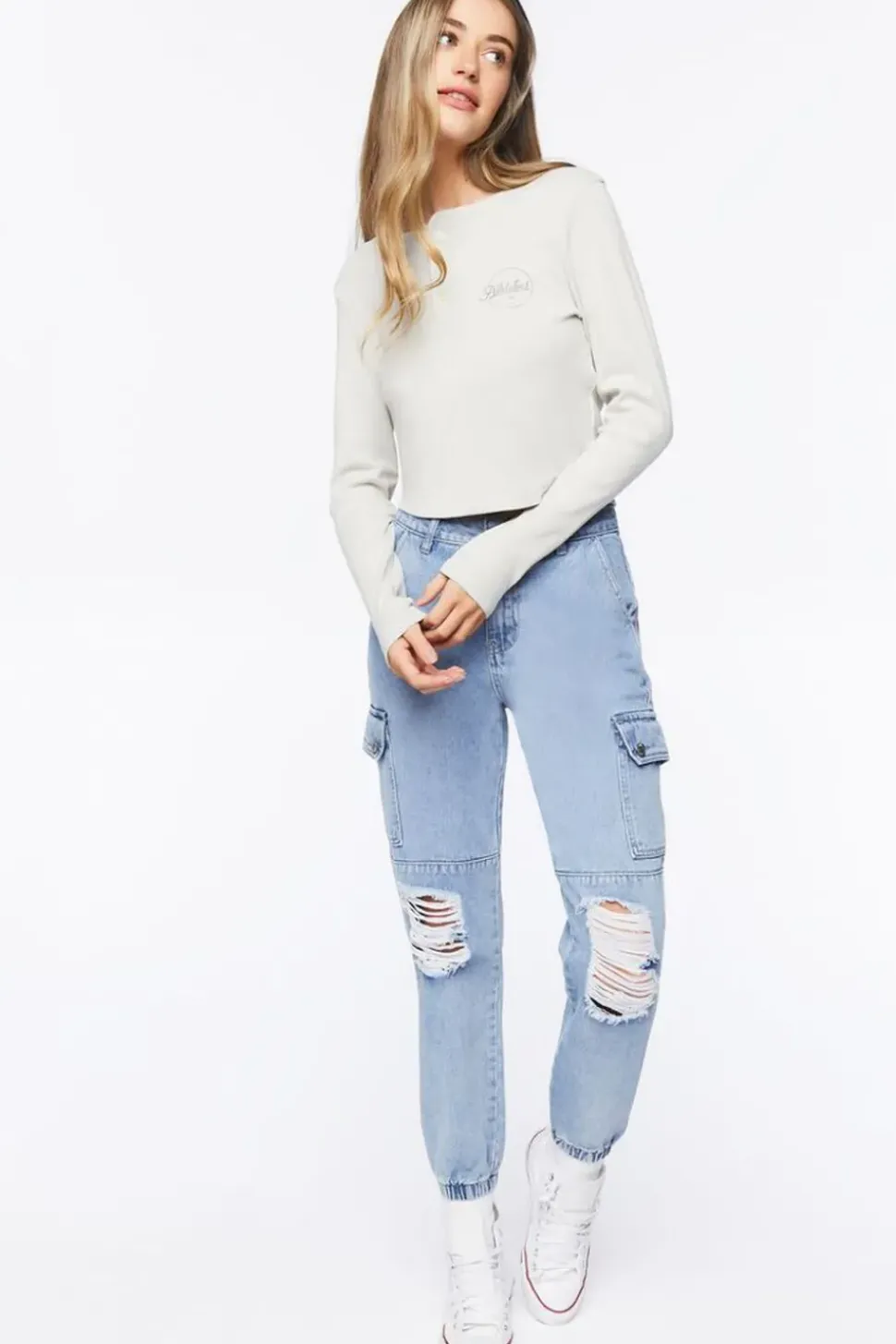 Distressed Denim Cargo Joggers