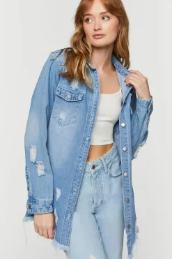 Distressed Denim Longline Trucker Jacket
