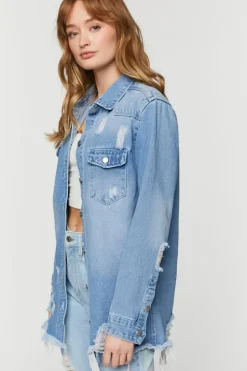 Distressed Denim Longline Trucker Jacket
