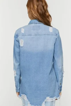 Distressed Denim Longline Trucker Jacket