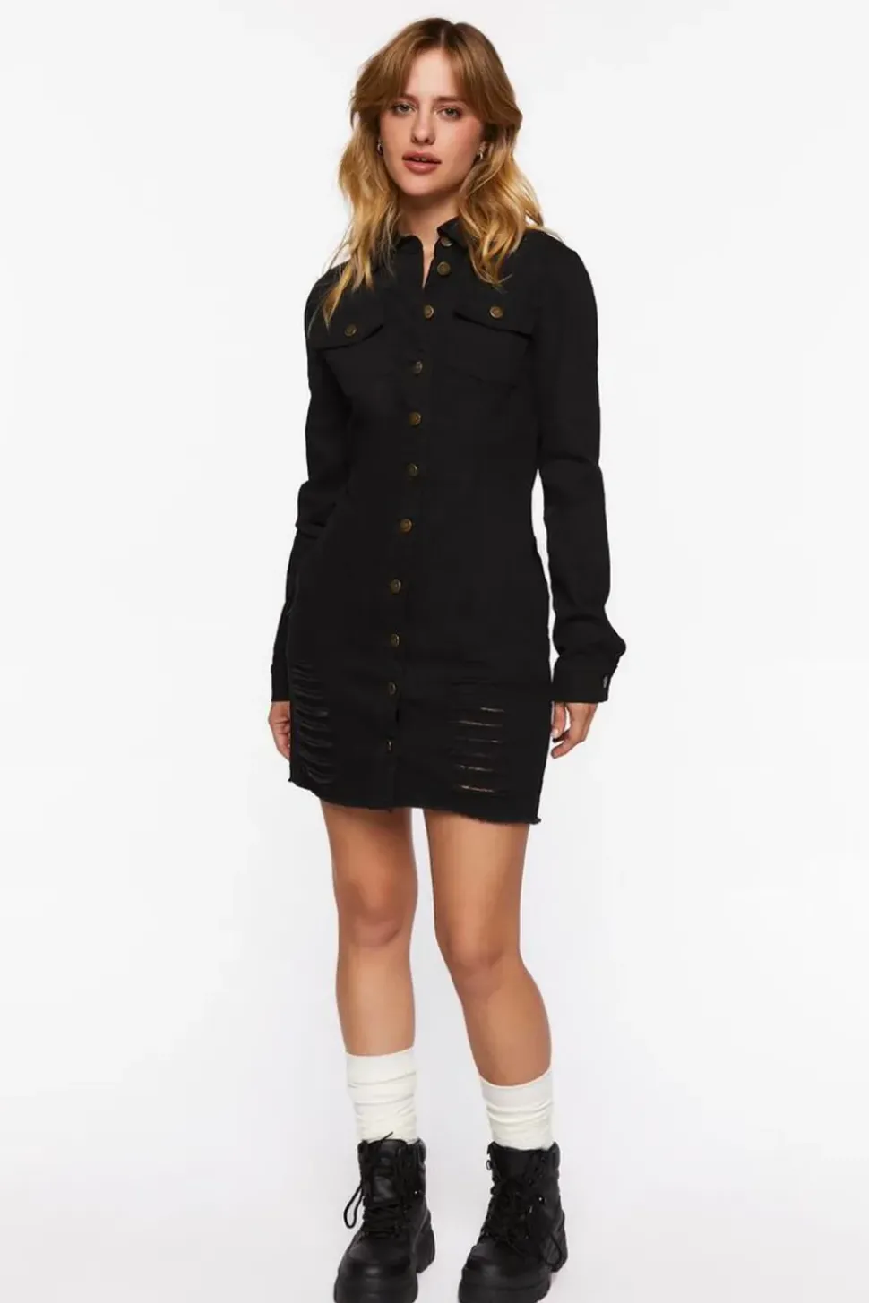 Distressed Denim Mini Shirt Dress