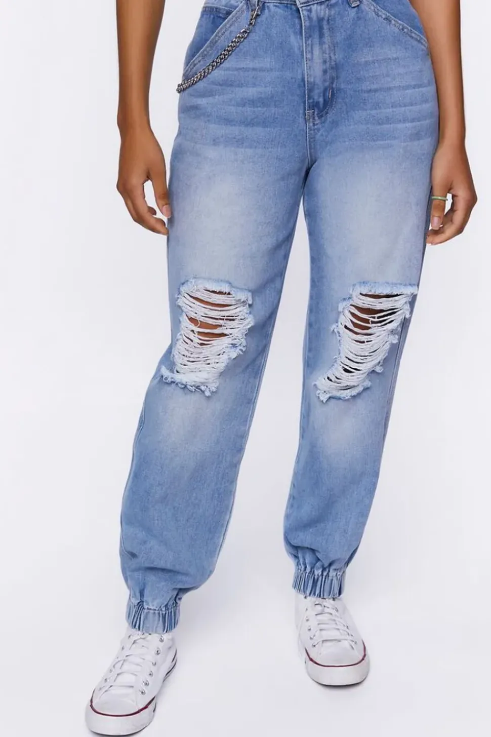 Distressed Denim Wallet Chain Joggers