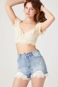 Distressed Lace-Trim Denim Shorts
