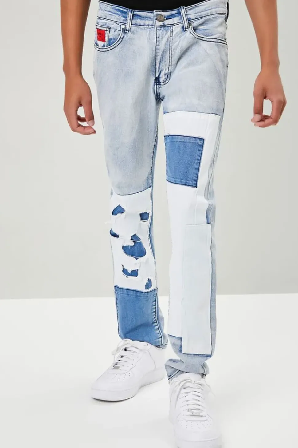 Distressed Patchwork Slim-Fit Jeans