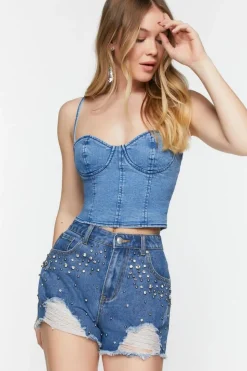 Distressed Rhinestone Denim Shorts