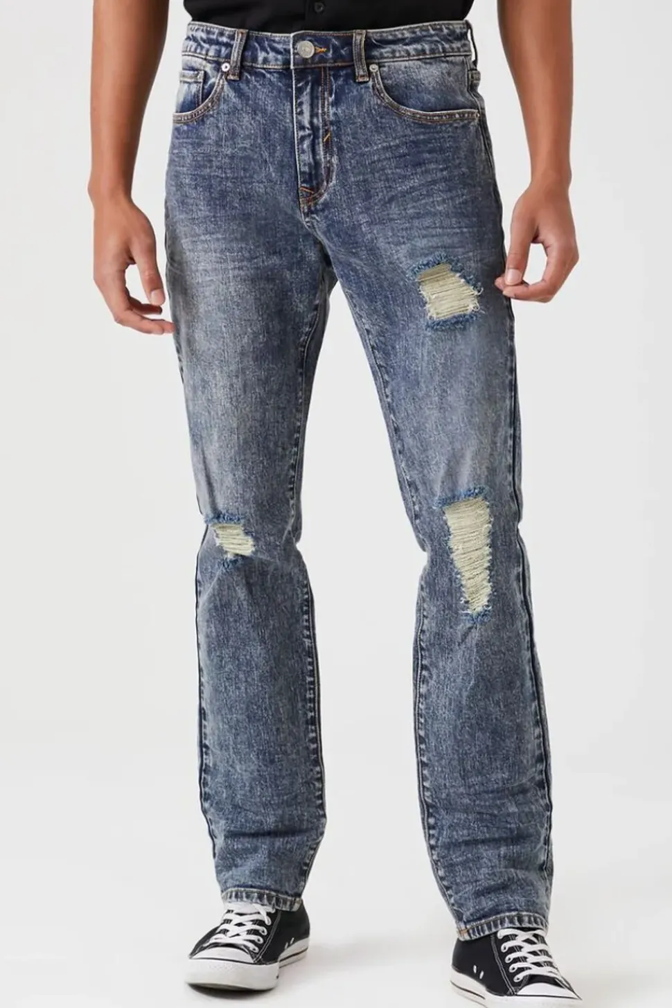 Distressed Slim-Leg Jeans