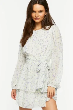 Ditsy Floral Peasant-Sleeve Mini Dress