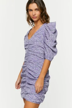 Ditsy Floral Ruched Puff-Sleeve Dress