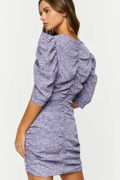Ditsy Floral Ruched Puff-Sleeve Dress