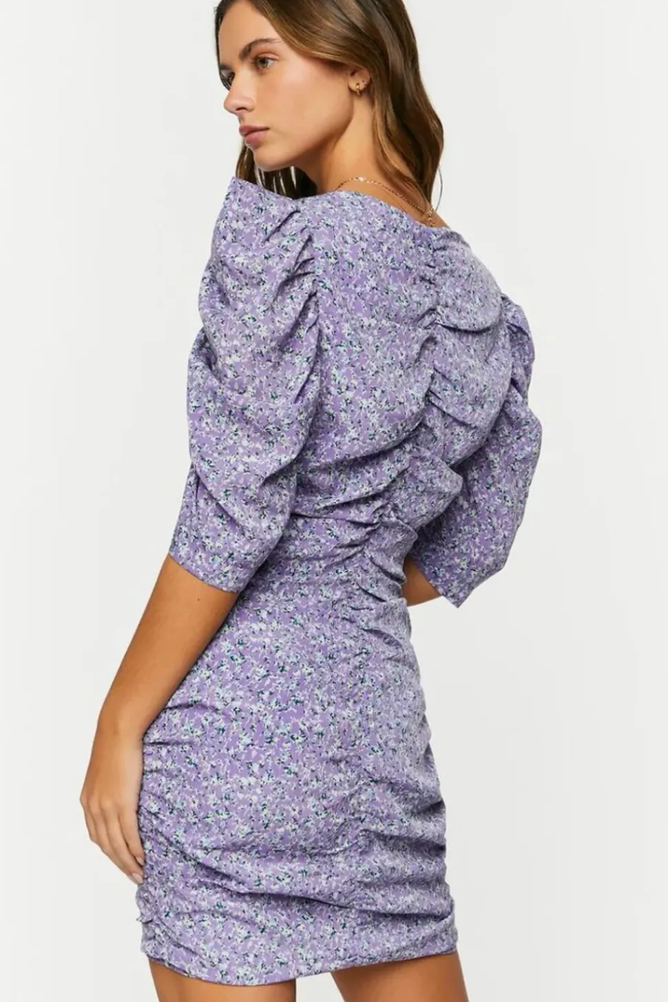Ditsy Floral Ruched Puff-Sleeve Dress