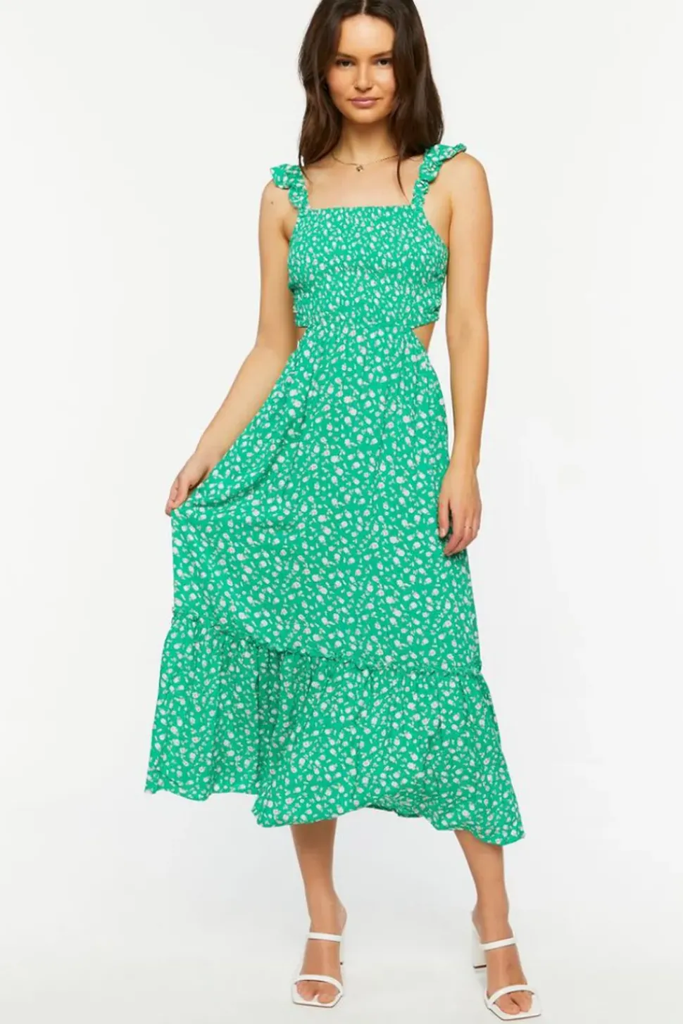 Ditsy Floral Ruffled Cutout Midi Dress