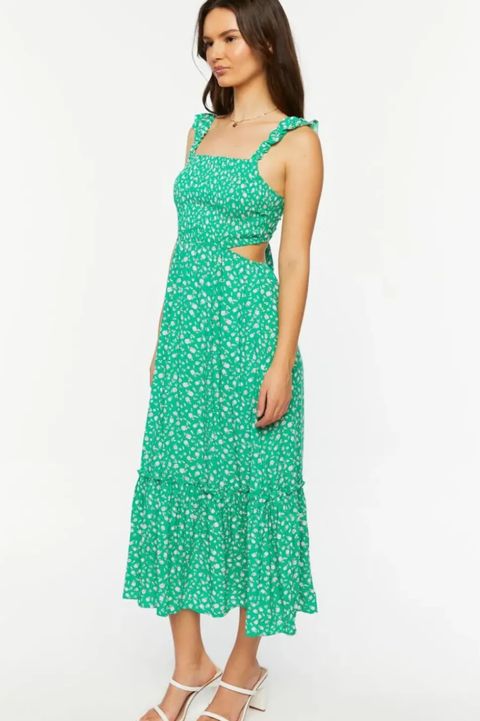 Ditsy Floral Ruffled Cutout Midi Dress
