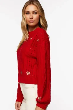 Embroidered Floral Cable Knit Sweater