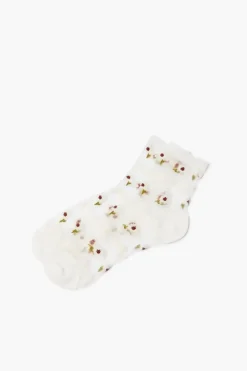 Embroidered Floral Mesh Crew Socks