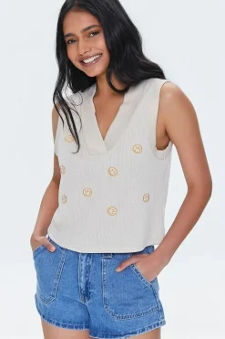 Embroidered Happy Face Tank Top