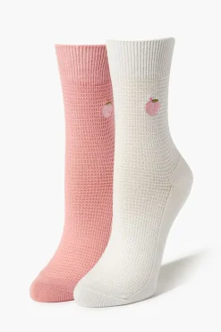 Embroidered Peach Crew Sock Set - 2 Pack