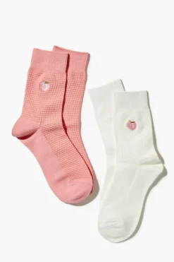 Embroidered Peach Crew Sock Set - 2 Pack