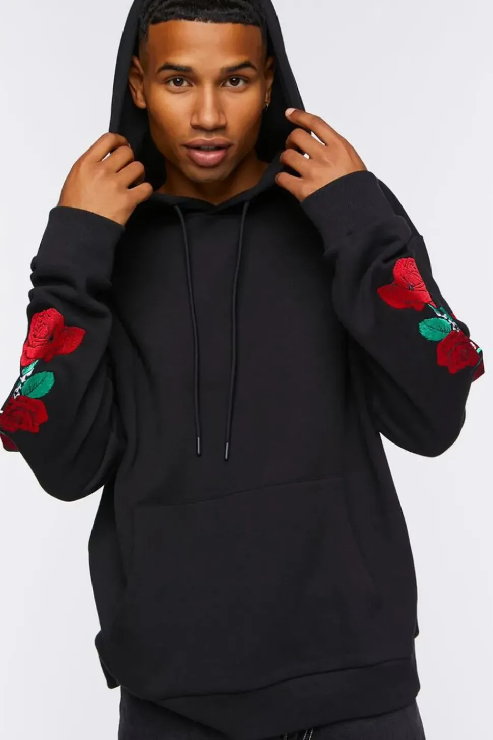 Embroidered Rose Drawstring Hoodie