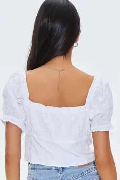 Embroidered Ruffle-Trim Crop Top