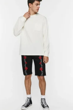 Embroidered Wire & Roses Denim Shorts