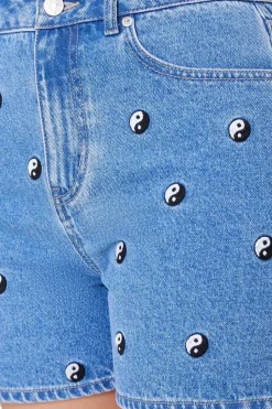 Embroidered Yin Yang Denim Shorts