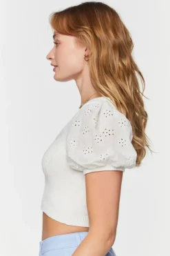 Eyelet Puff-Sleeve Crop Top