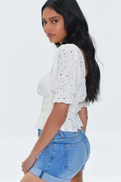 Eyelet Ruffle-Trim Crop Top