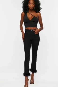 Faux Feather-Hem Jeans
