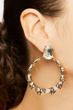 Faux Gem Bamboo Drop-Hoop Earrings