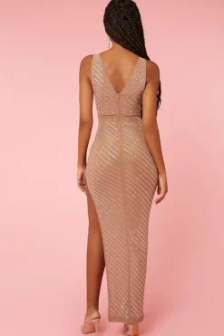 Faux Gem Plunging Slit Dress