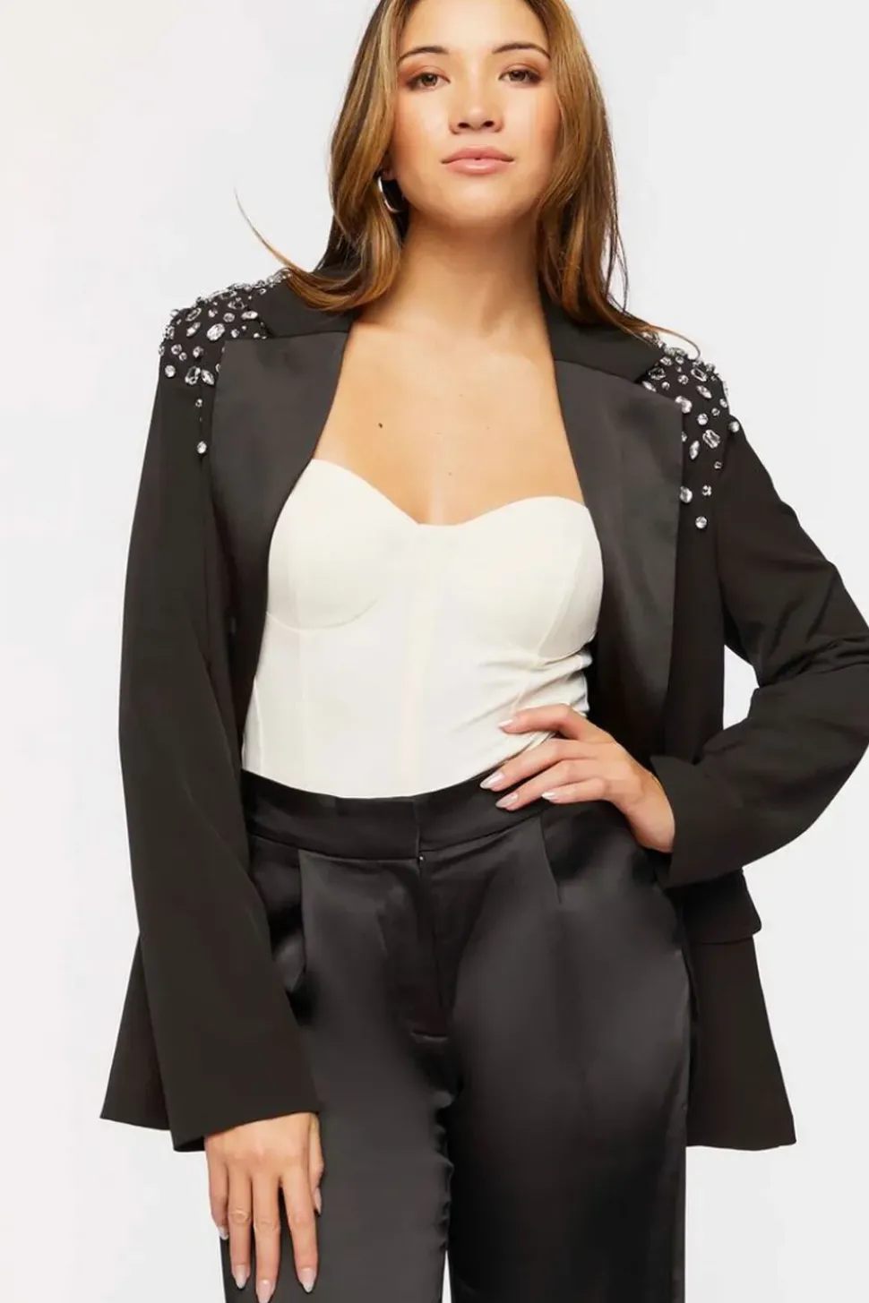 Faux Gem Shoulder Blazer