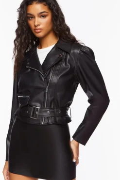 Faux Leather Belted Moto Jacket