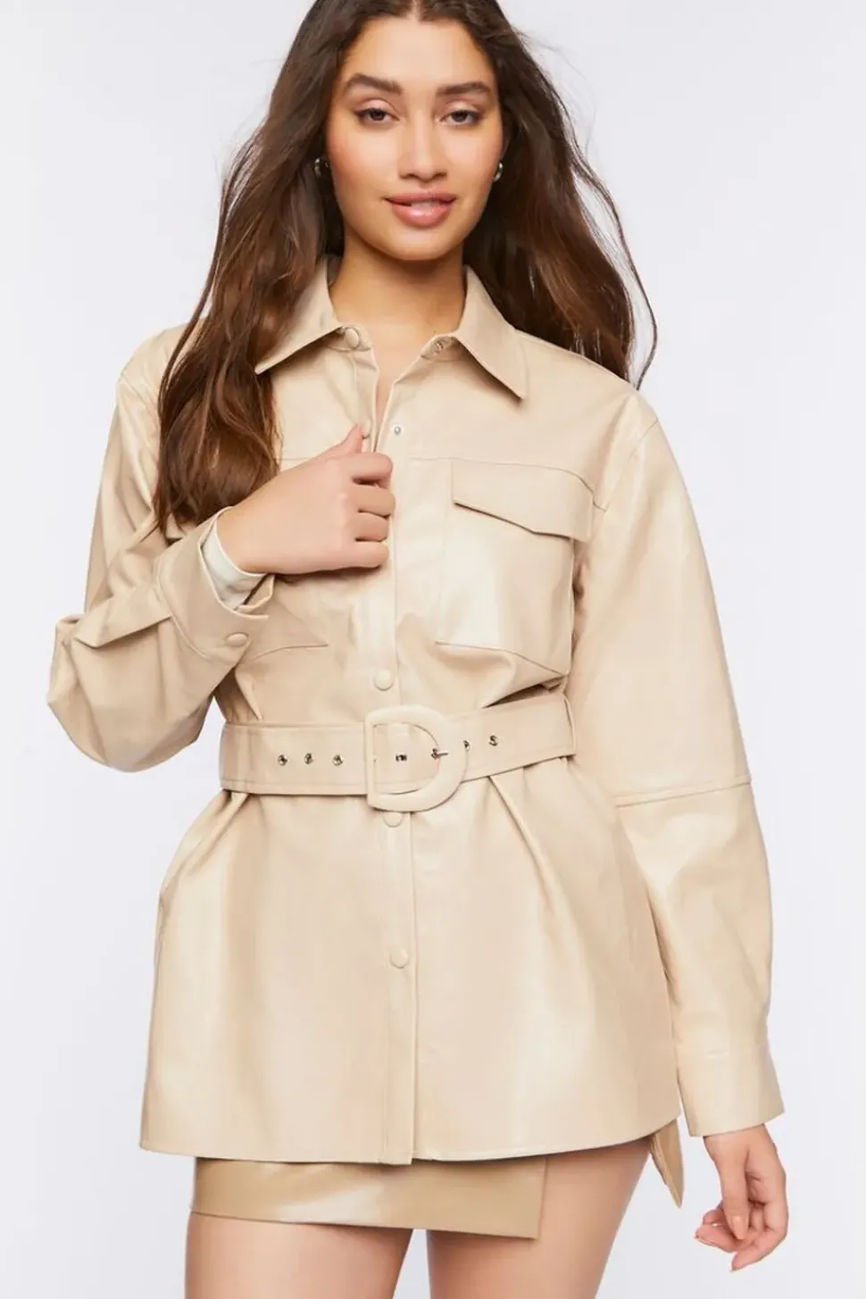 Faux Leather Belted Trench Jacket