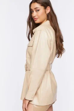 Faux Leather Belted Trench Jacket
