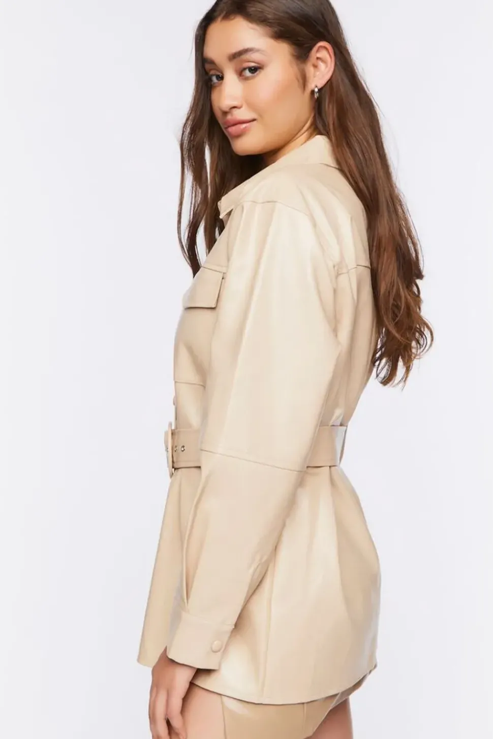 Faux Leather Belted Trench Jacket
