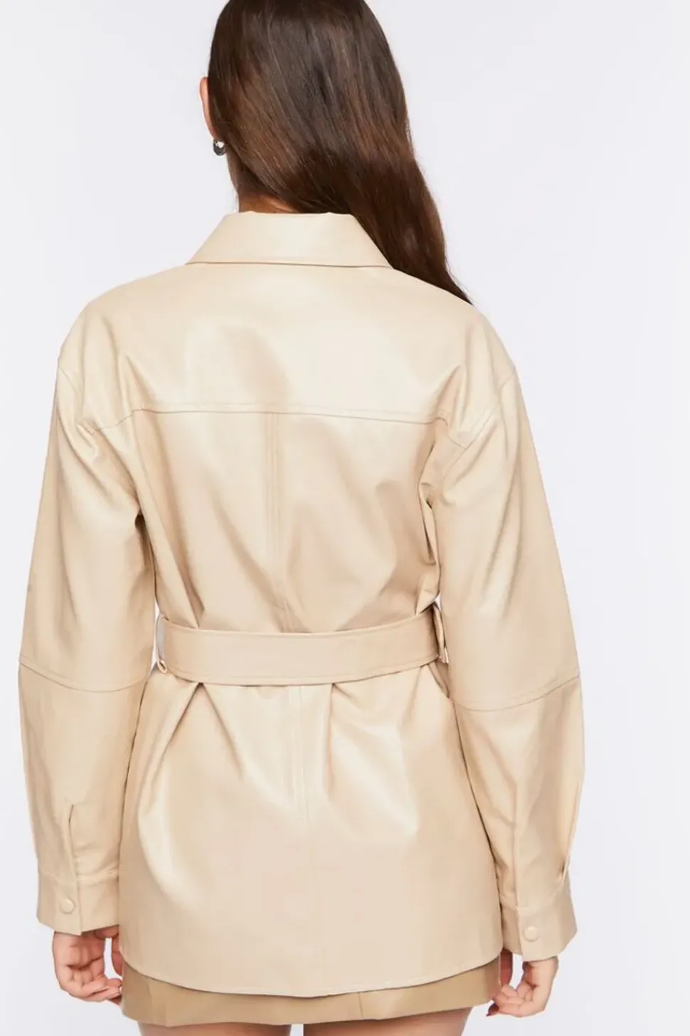 Faux Leather Belted Trench Jacket
