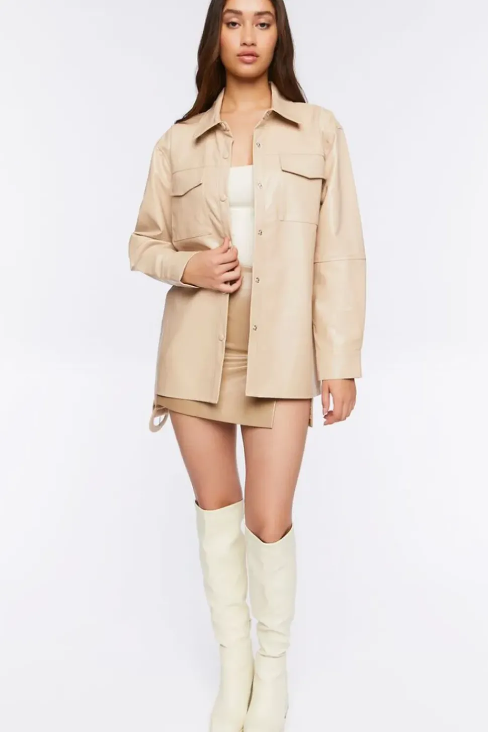 Faux Leather Belted Trench Jacket