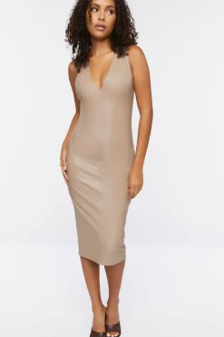 Faux Leather Bodycon Midi Dress