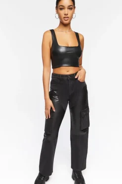 Faux Leather Cargo Jeans